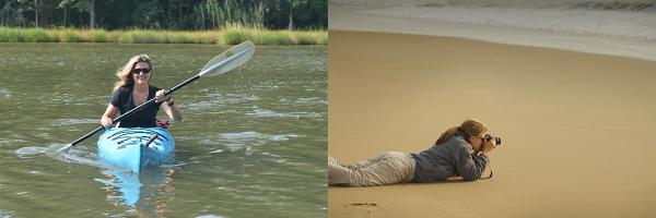 Lisa Tossey kayaking and taking photo on beach